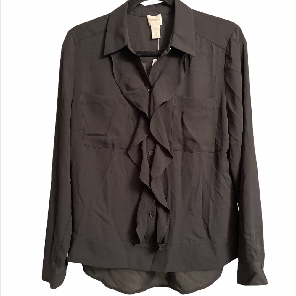 Chico’s Sheer Ruffle Pocket Button Down Bl…